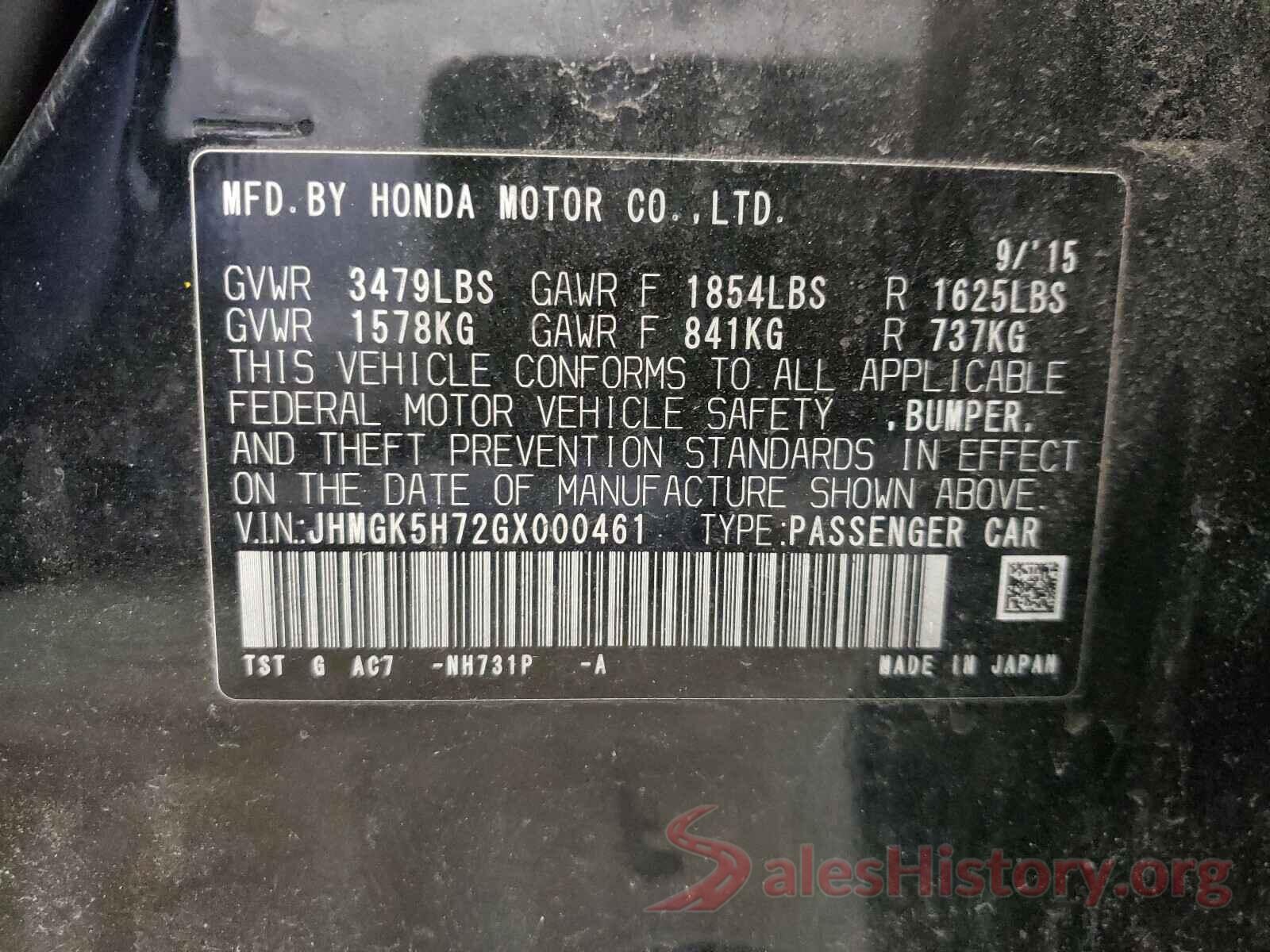 JHMGK5H72GX000461 2016 HONDA FIT