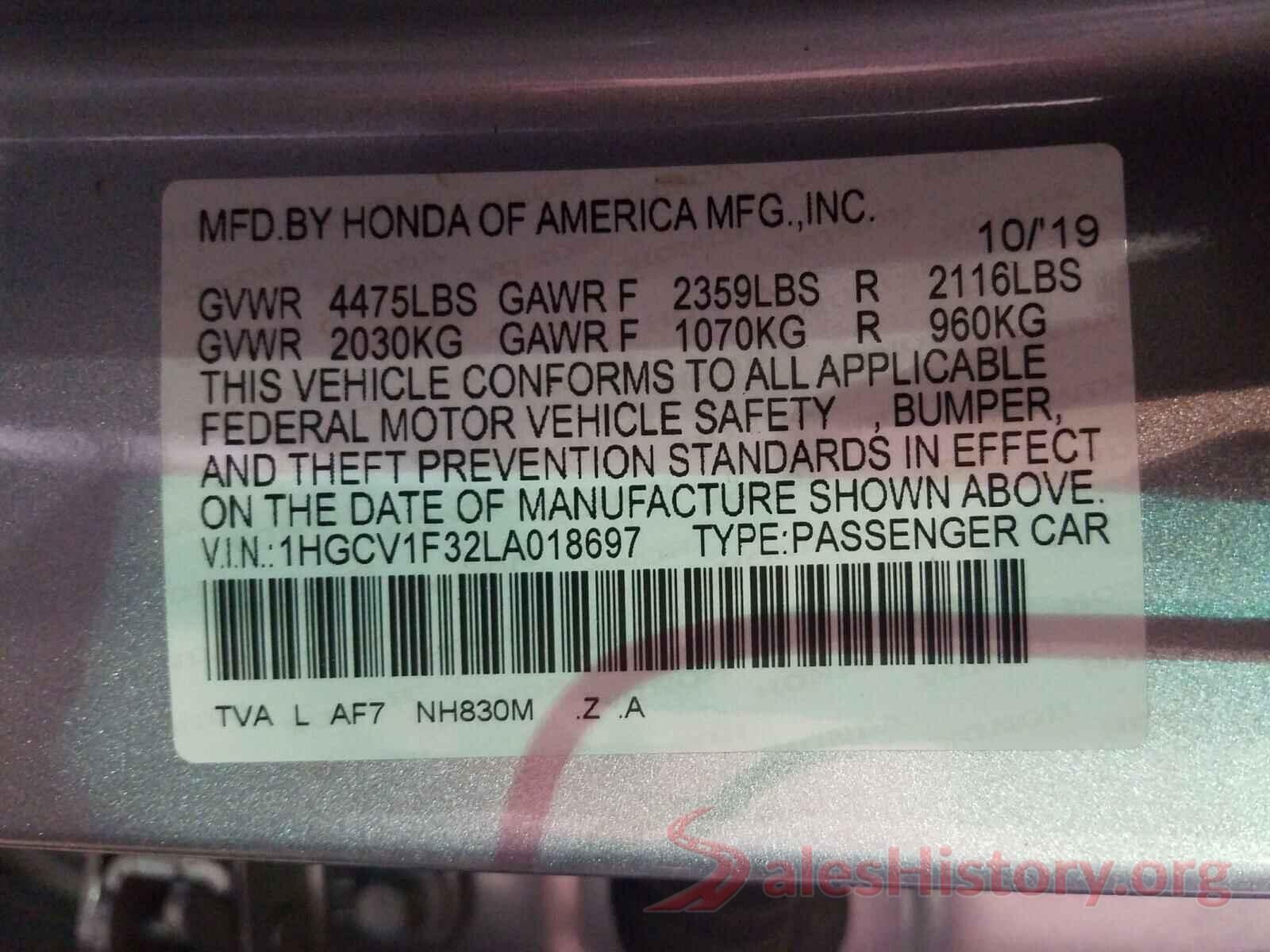 1HGCV1F32LA018697 2020 HONDA ACCORD