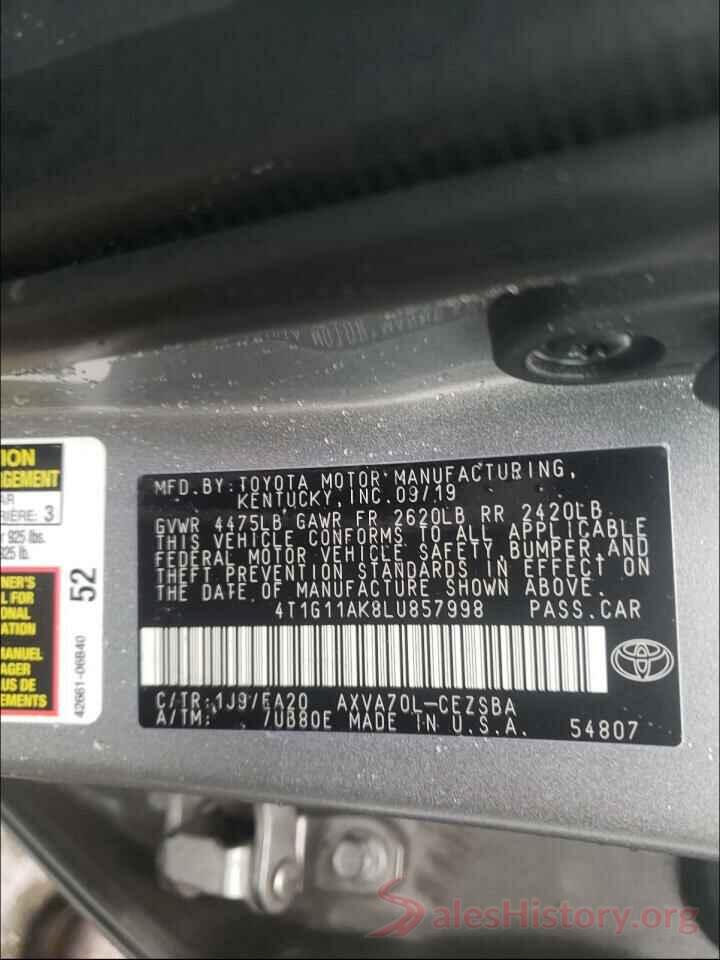 4T1G11AK8LU857998 2020 TOYOTA CAMRY