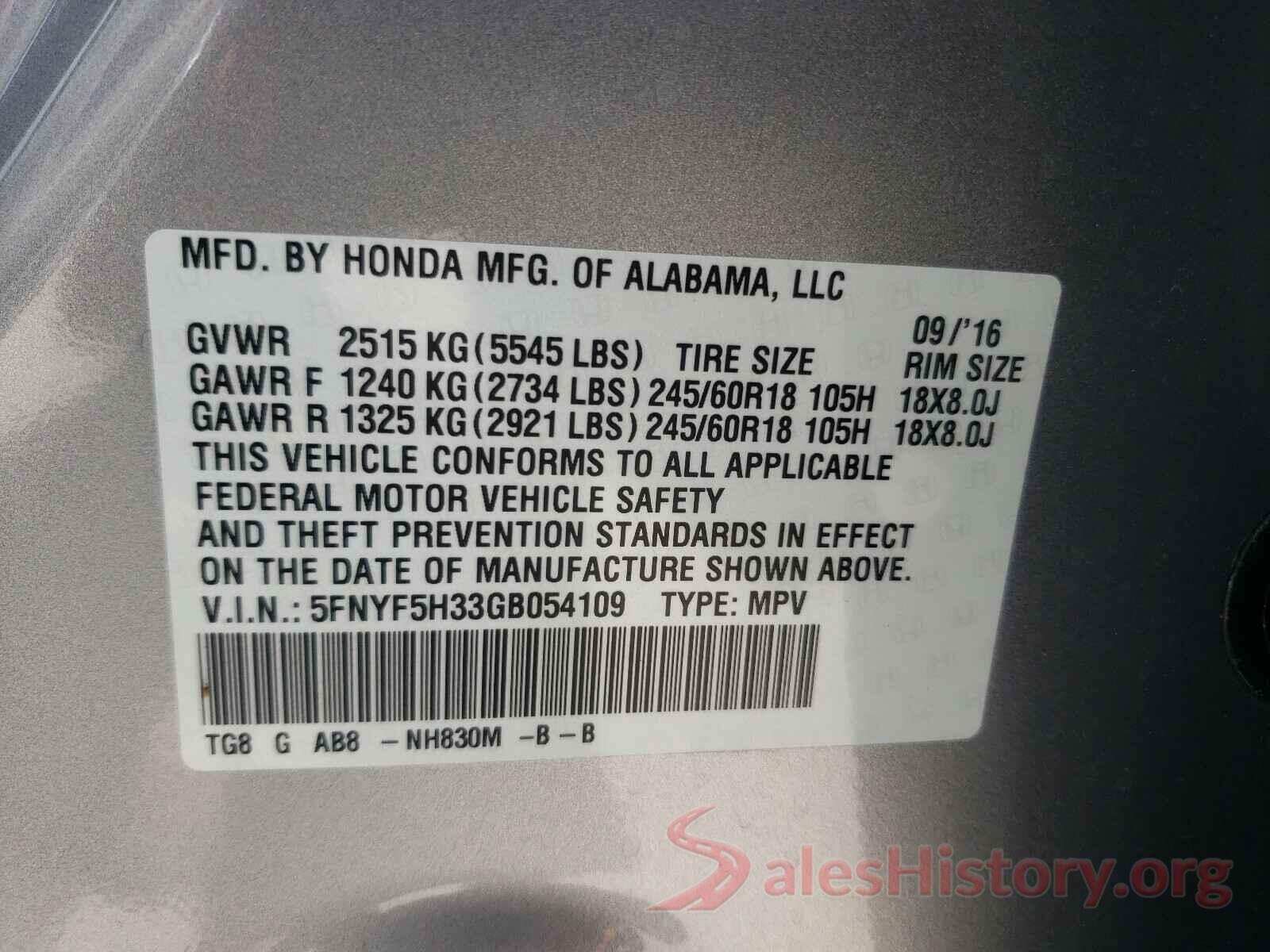 5FNYF5H33GB054109 2016 HONDA PILOT