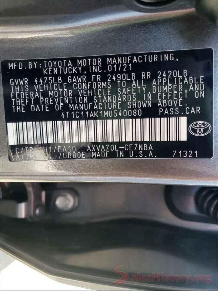 4T1C11AK1MU540080 2021 TOYOTA CAMRY