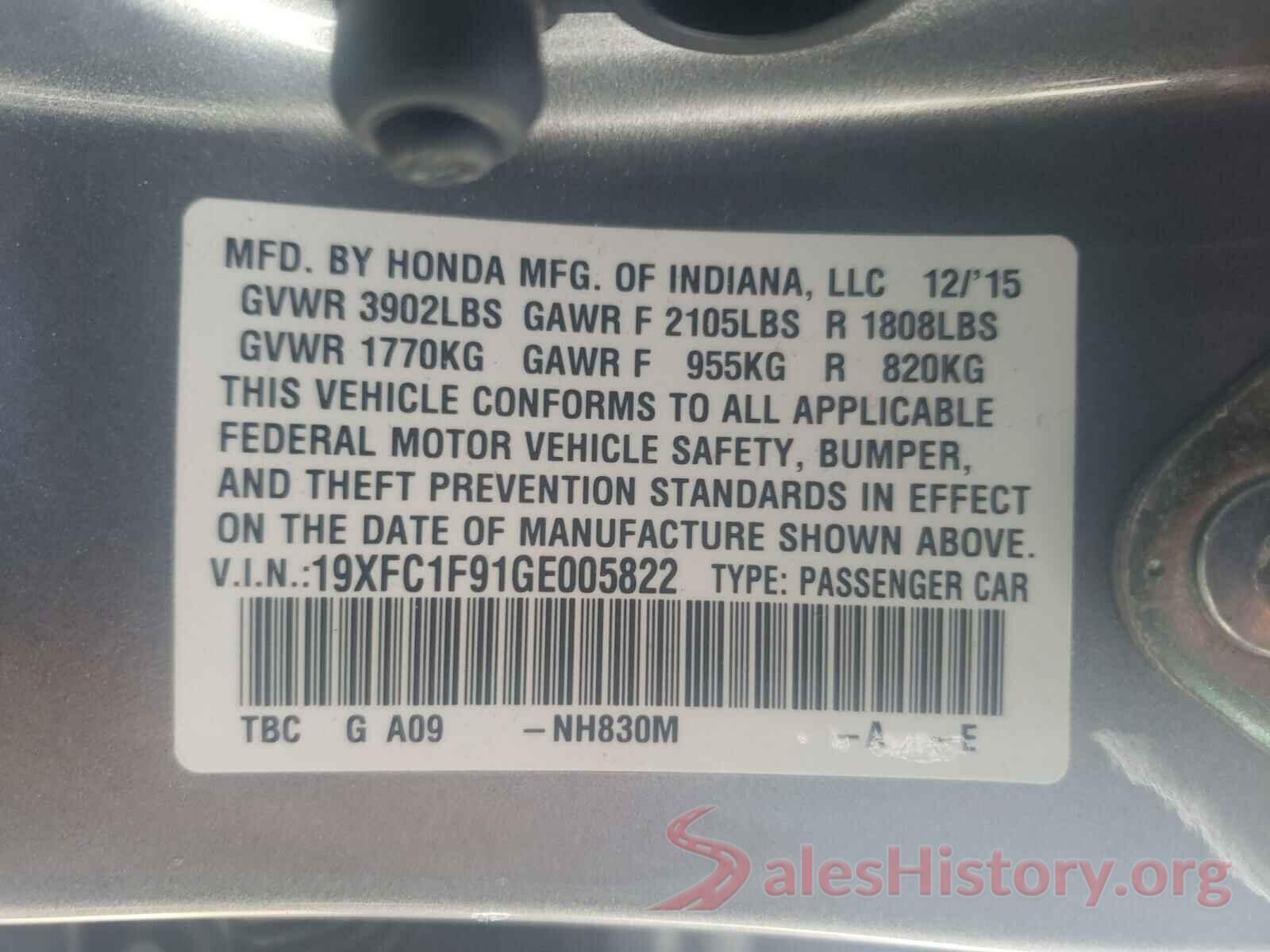 19XFC1F91GE005822 2016 HONDA CIVIC