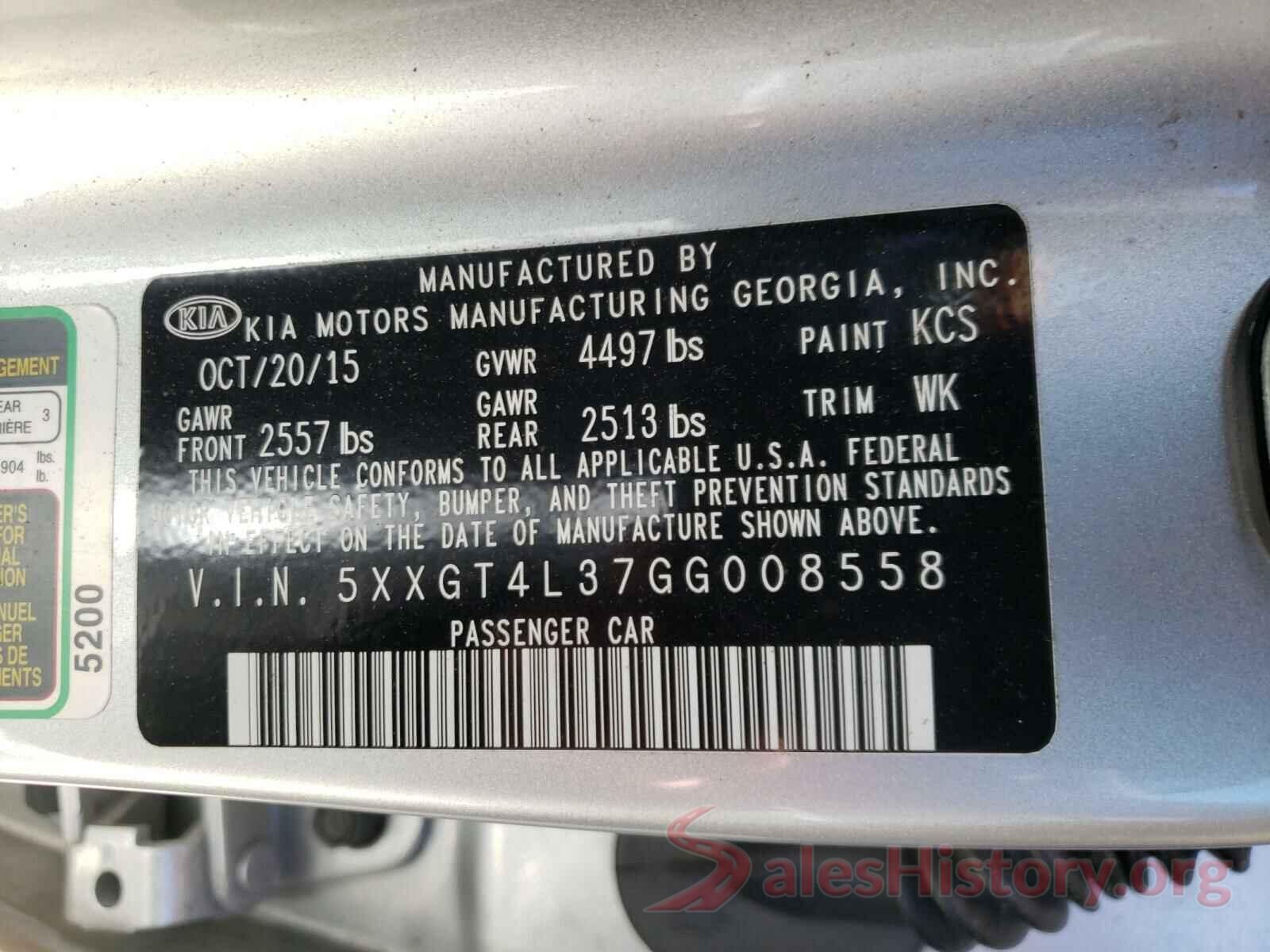 5XXGT4L37GG008558 2016 KIA OPTIMA