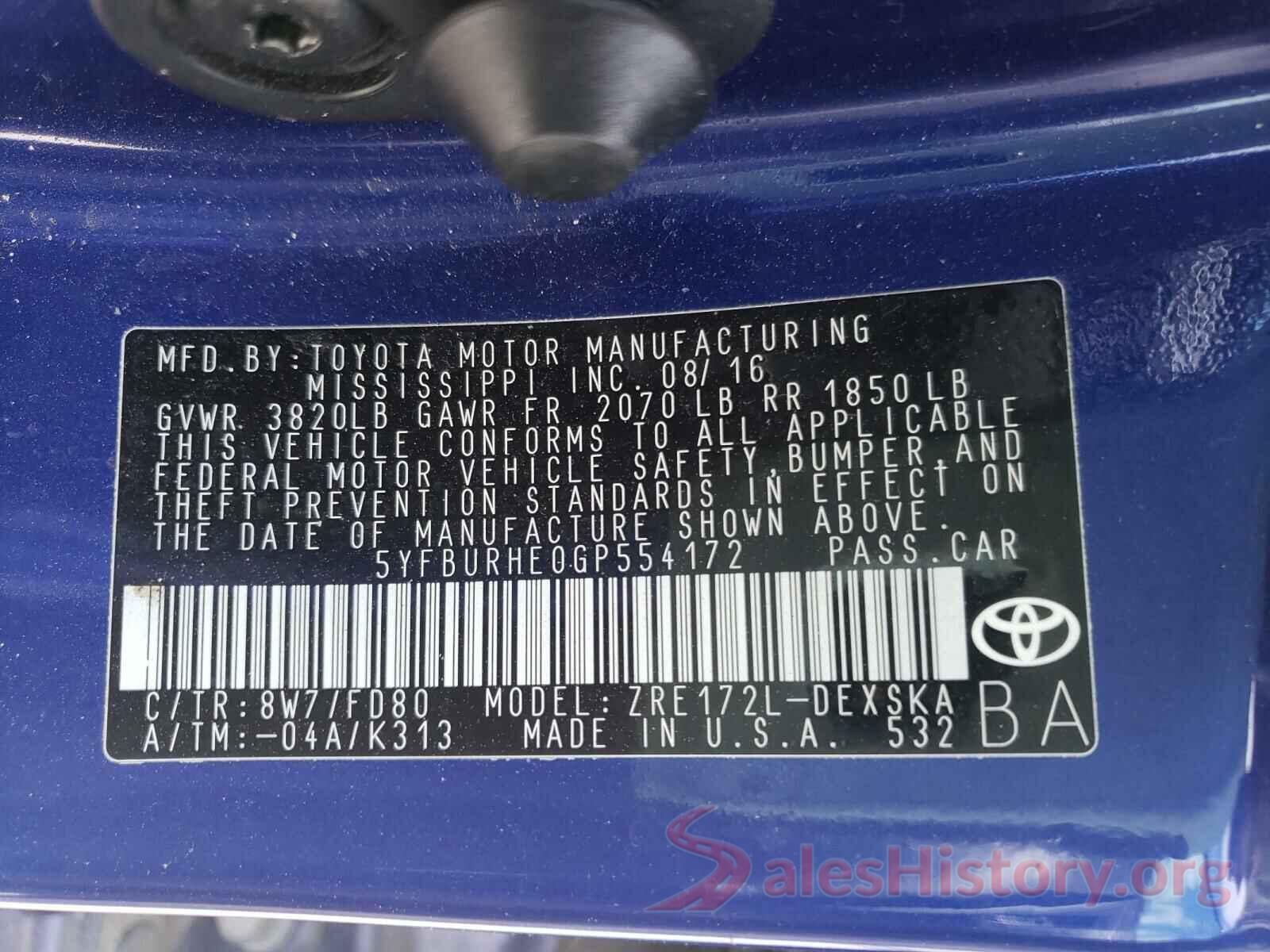 5YFBURHE0GP554172 2016 TOYOTA COROLLA