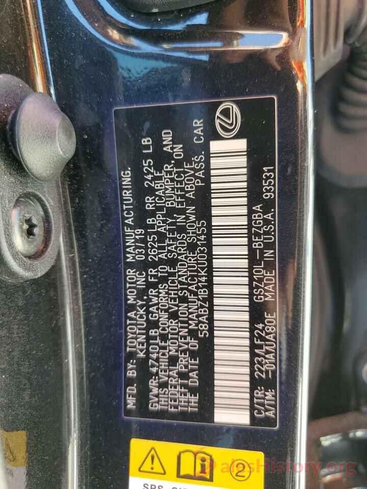 58ABZ1B14KU031455 2019 LEXUS ES350