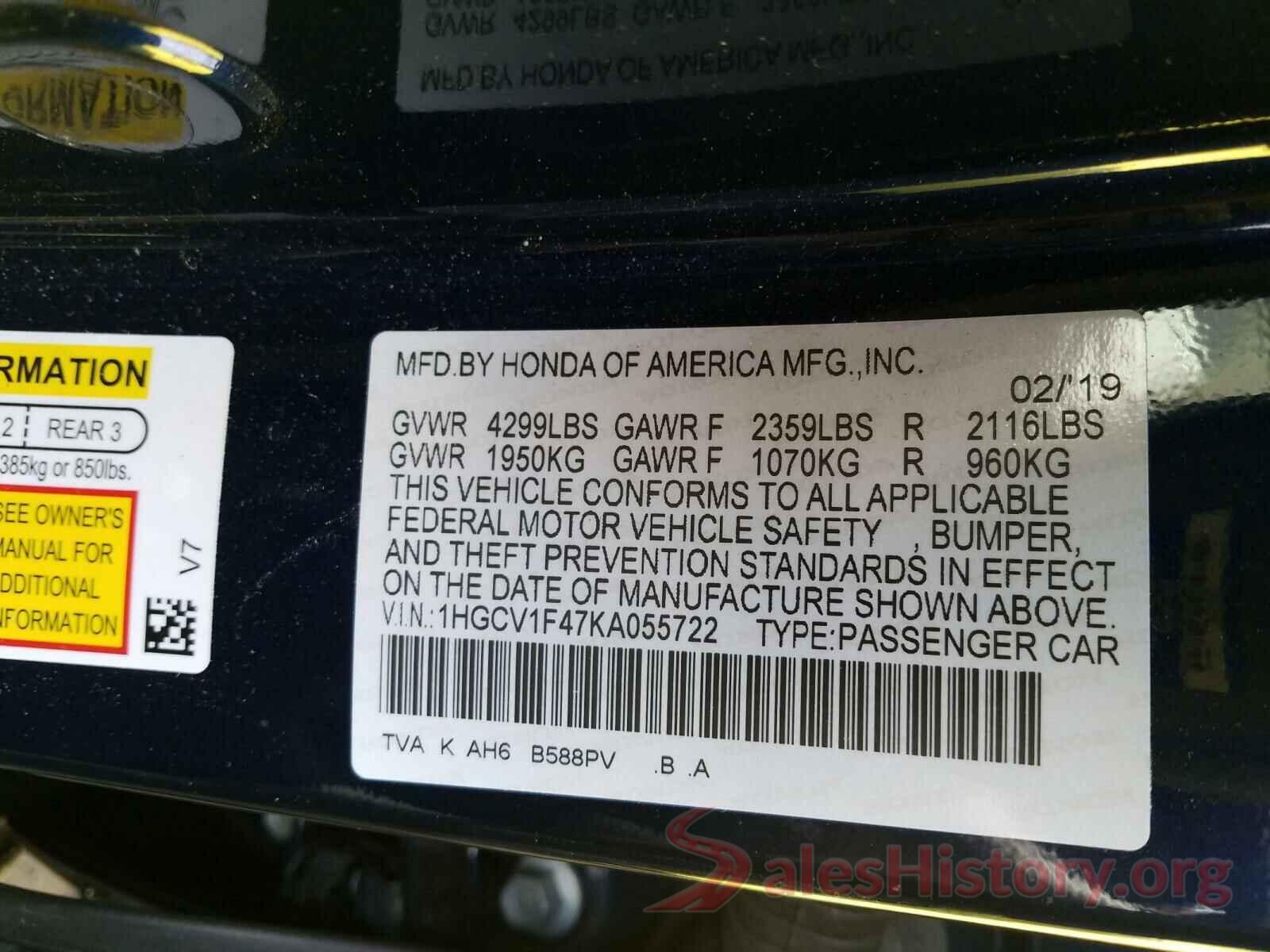 1HGCV1F47KA055722 2019 HONDA ACCORD