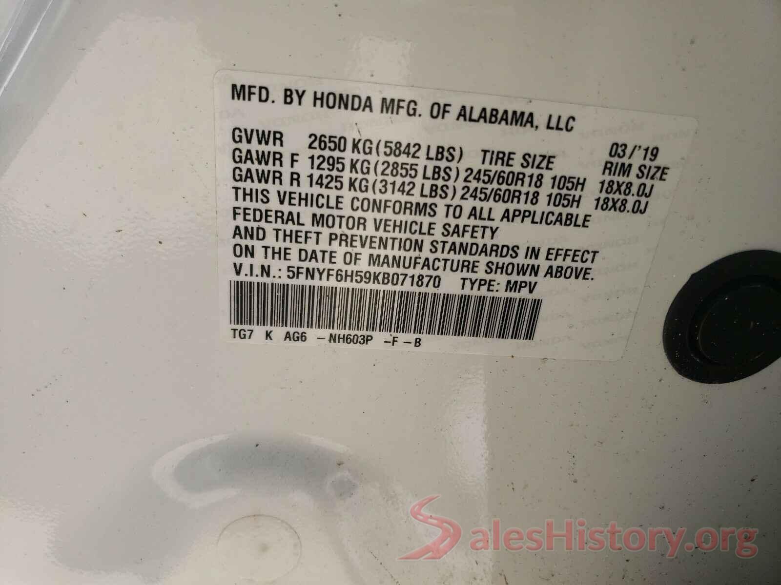 5FNYF6H59KB071870 2019 HONDA PILOT