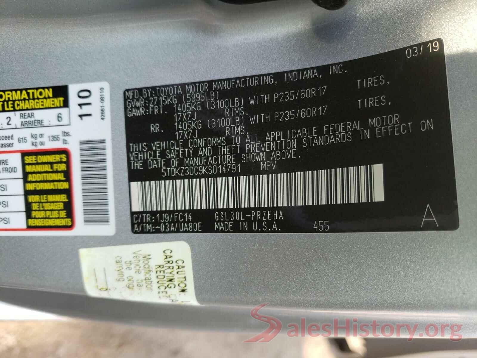 5TDKZ3DC9KS014791 2019 TOYOTA SIENNA