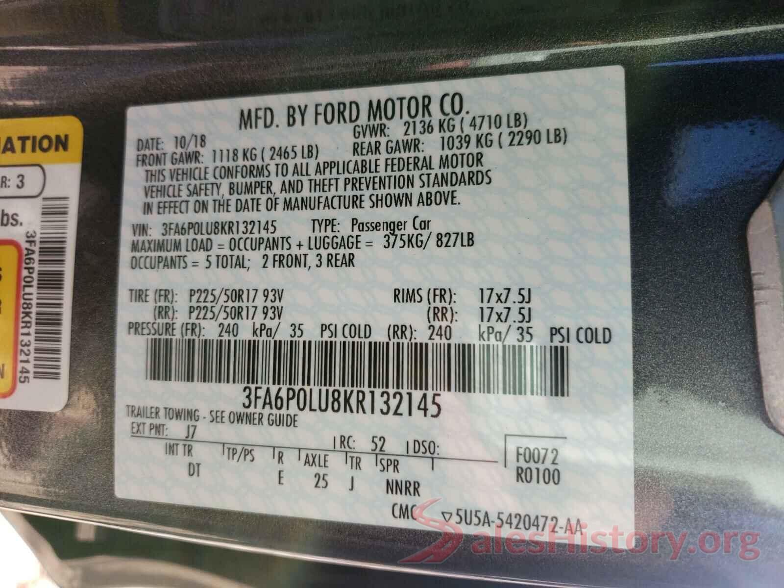 3FA6P0LU8KR132145 2019 FORD FUSION