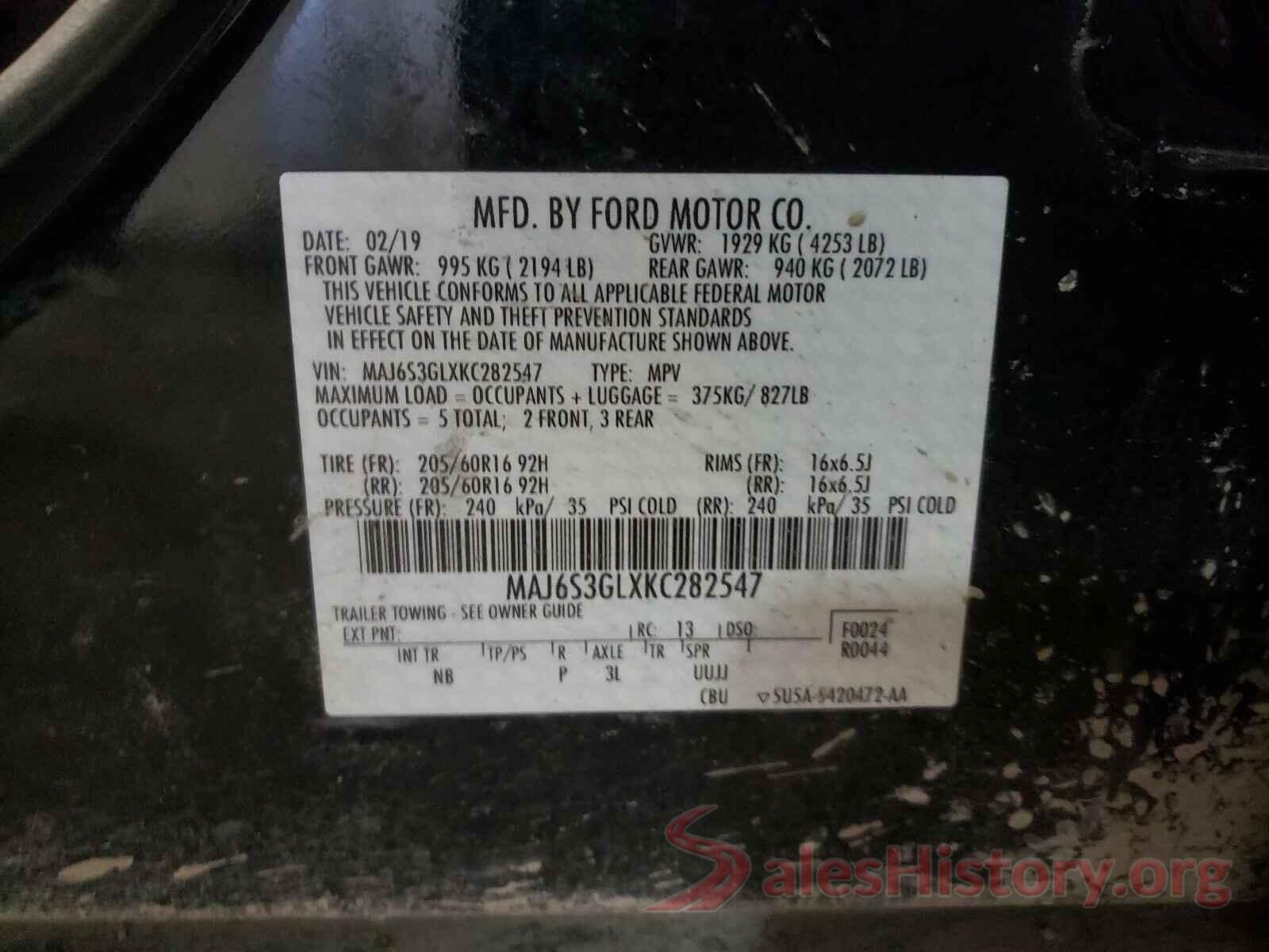 MAJ6S3GLXKC282547 2019 FORD ALL OTHER