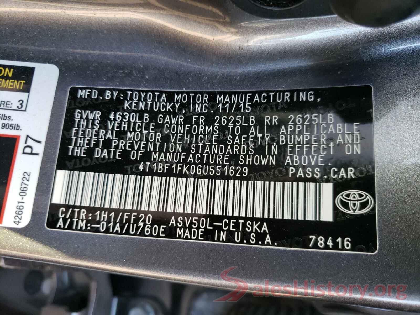 4T1BF1FK0GU551629 2016 TOYOTA CAMRY