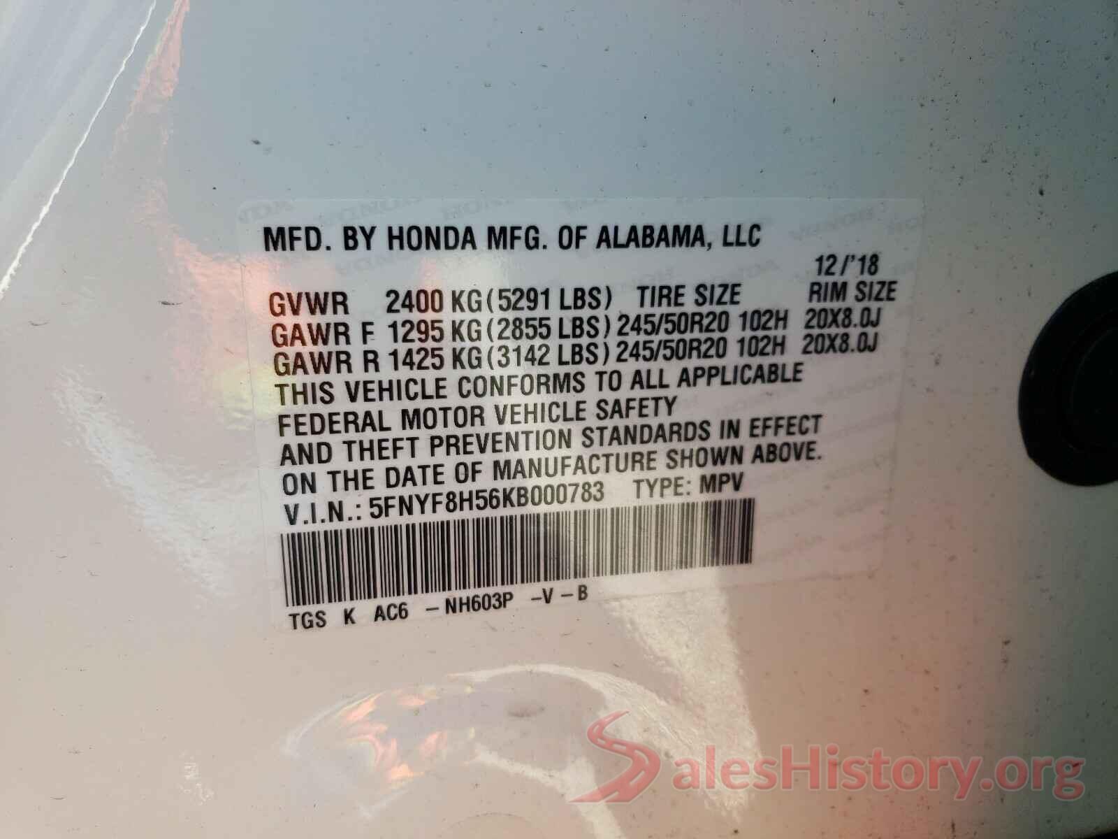 5FNYF8H56KB000783 2019 HONDA PASSPORT