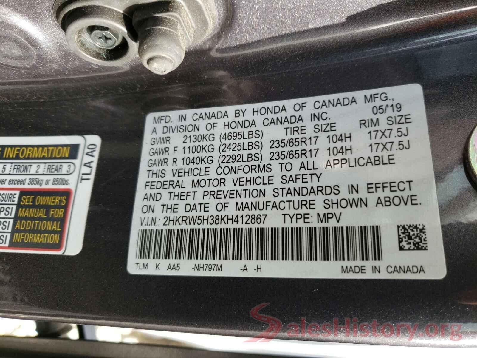 2HKRW5H38KH412867 2019 HONDA CRV