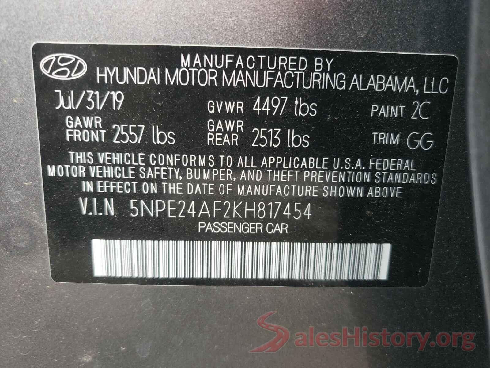 5NPE24AF2KH817454 2019 HYUNDAI SONATA