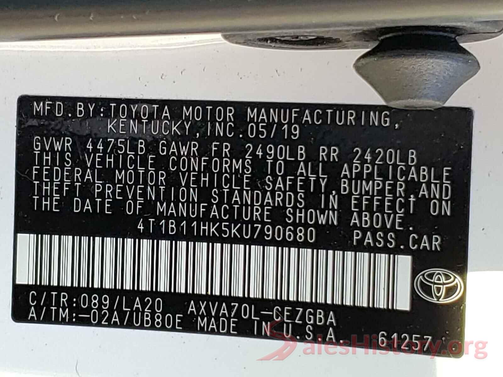 4T1B11HK5KU790680 2019 TOYOTA CAMRY