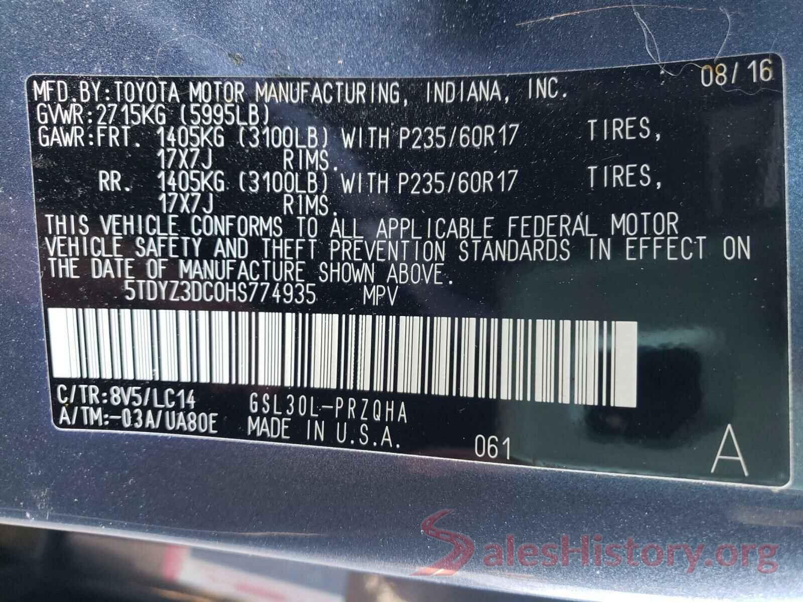 5TDYZ3DC0HS774935 2017 TOYOTA SIENNA