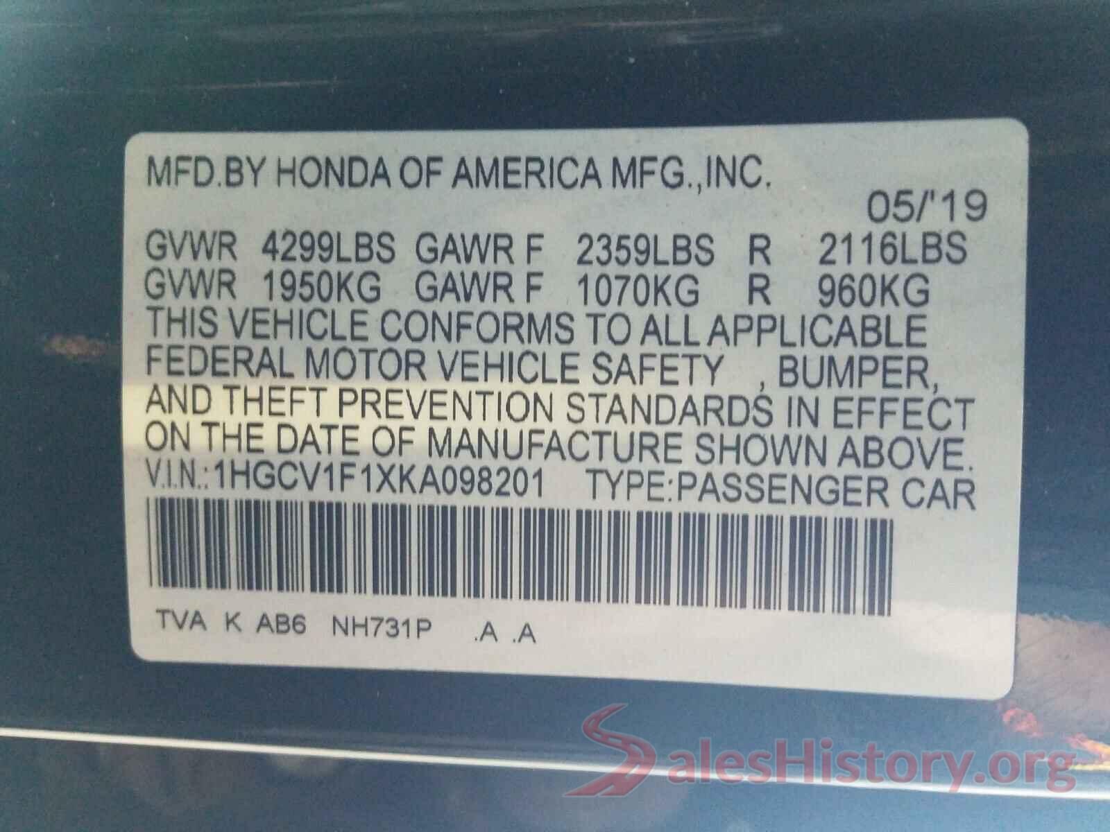 1HGCV1F1XKA098201 2019 HONDA ACCORD