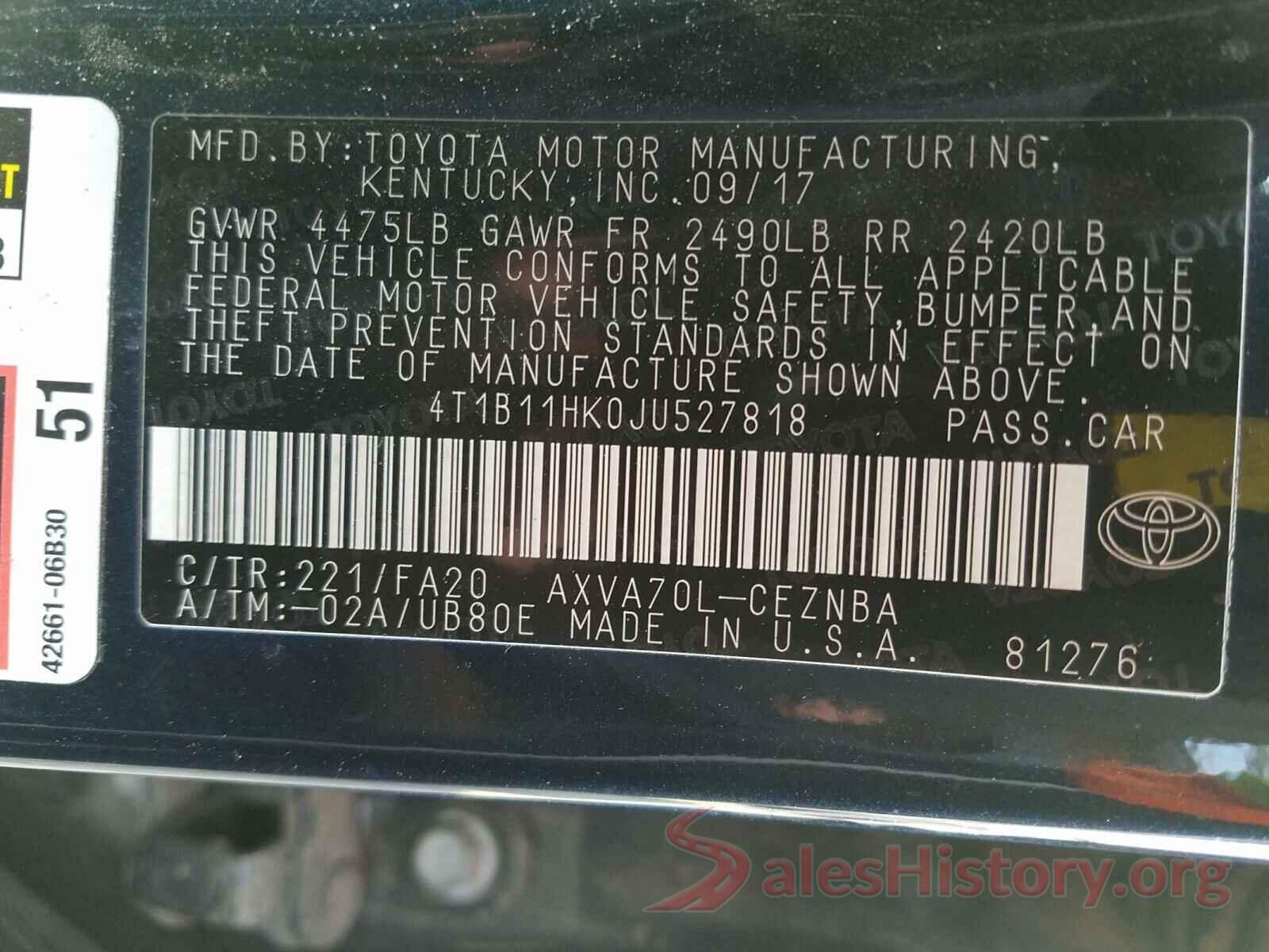 4T1B11HK0JU527818 2018 TOYOTA CAMRY