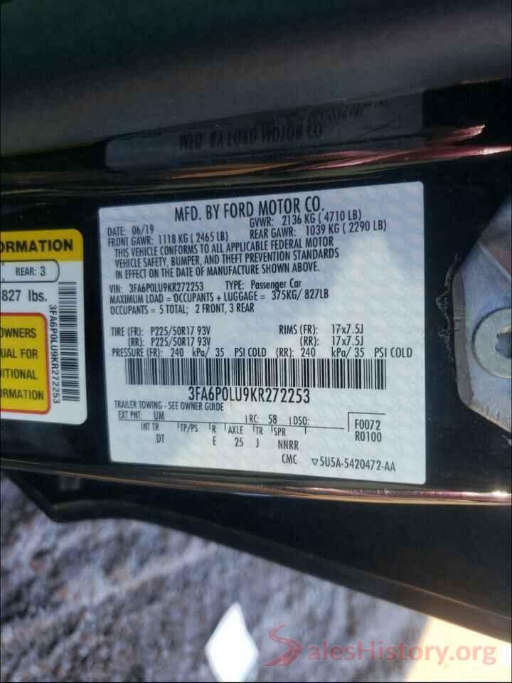 3FA6P0LU9KR272253 2019 FORD FUSION