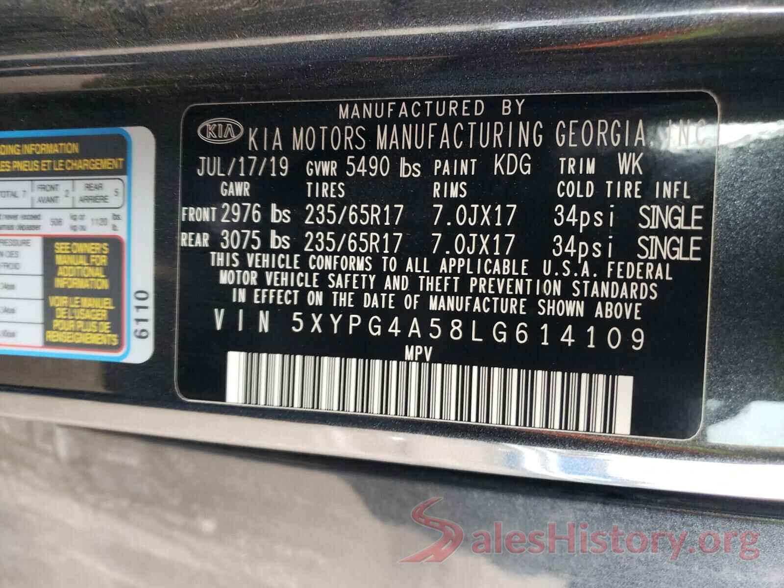 5XYPG4A58LG614109 2020 KIA SORENTO