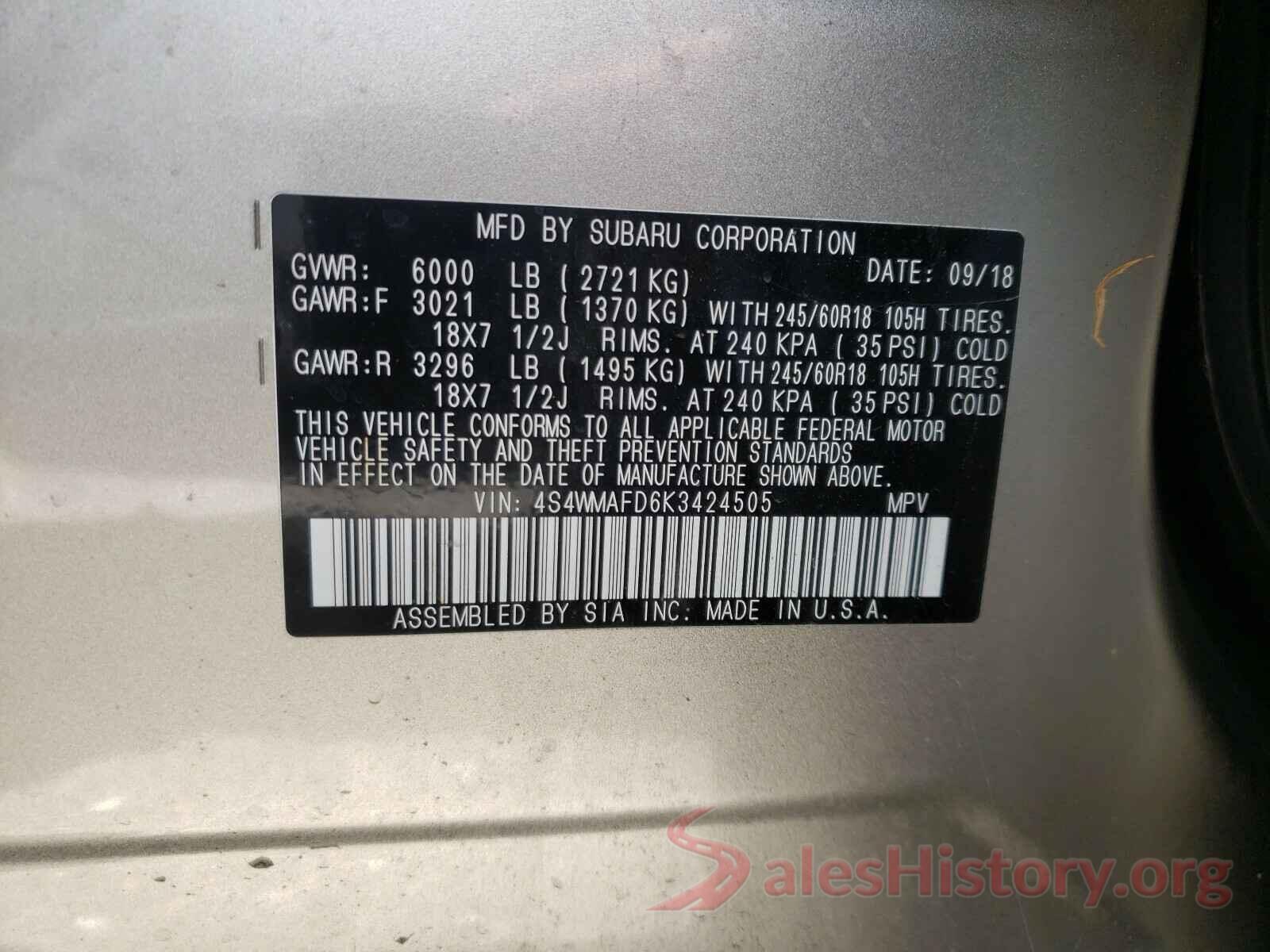 4S4WMAFD6K3424505 2019 SUBARU ASCENT