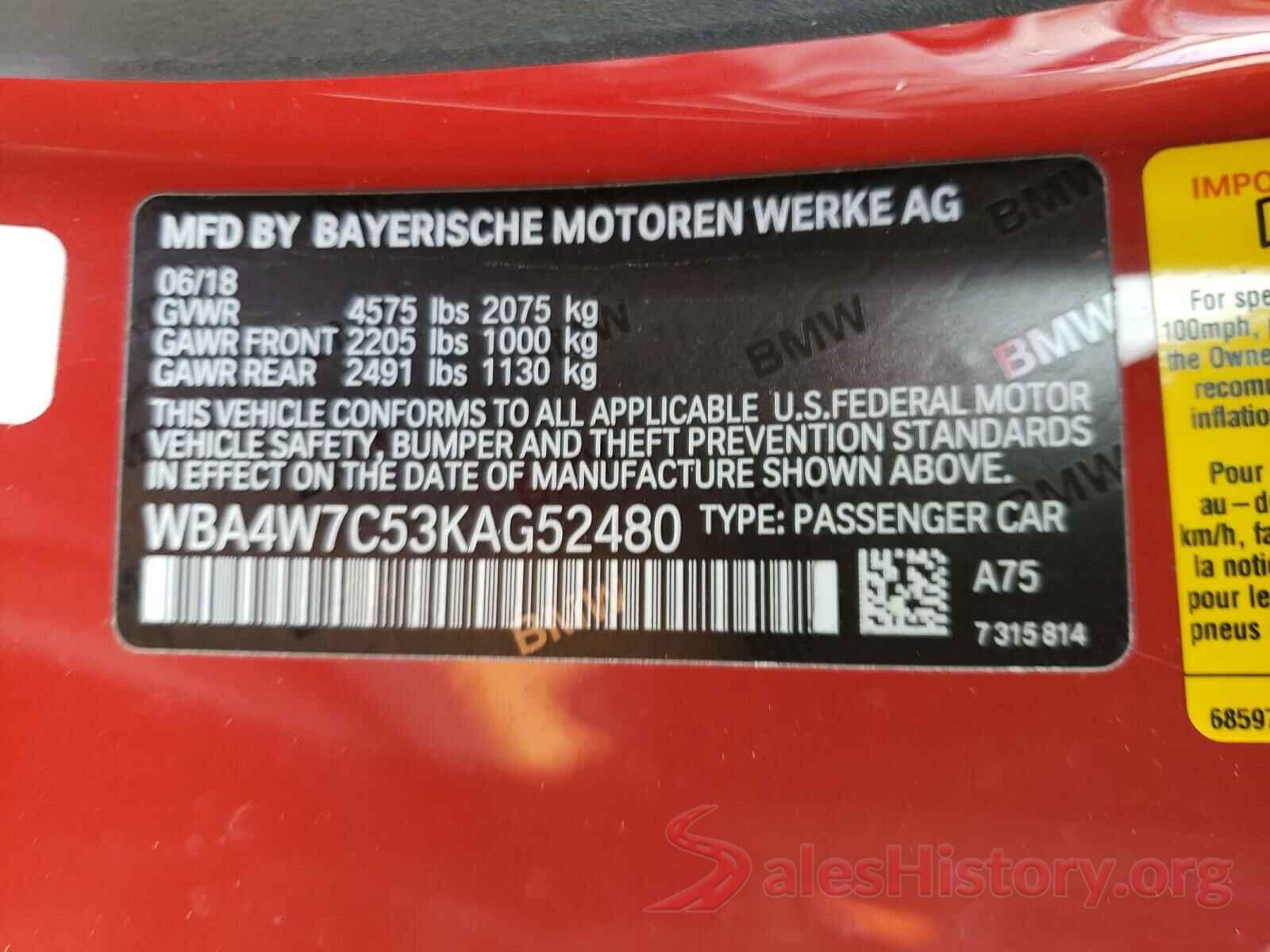 WBA4W7C53KAG52480 2019 BMW 4 SERIES