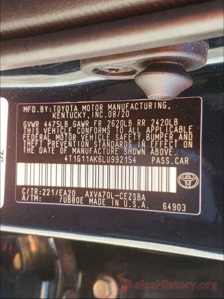 4T1G11AK6LU992154 2020 TOYOTA CAMRY