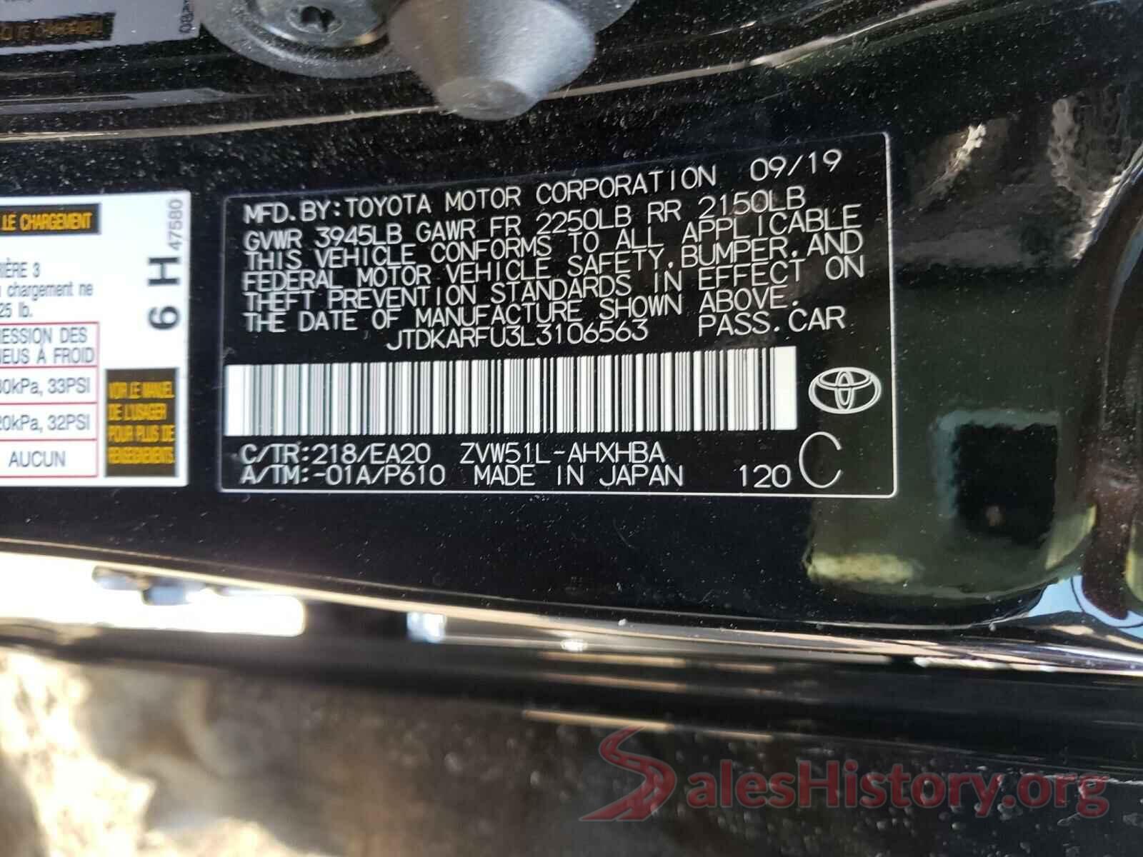 JTDKARFU3L3106563 2020 TOYOTA PRIUS