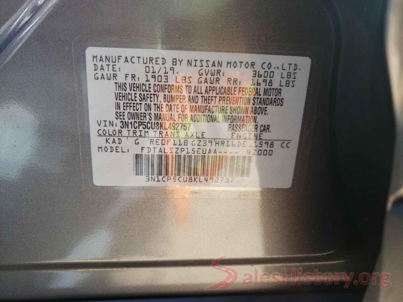 3N1CP5CU8KL492757 2019 NISSAN KICKS