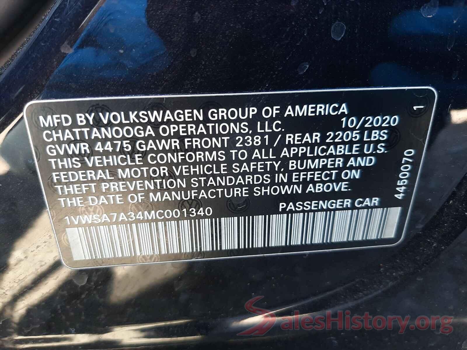 1VWSA7A34MC001340 2021 VOLKSWAGEN PASSAT