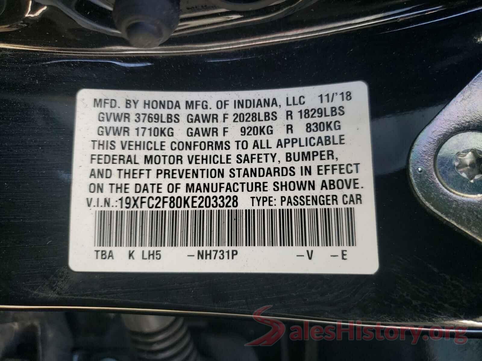 19XFC2F80KE203328 2019 HONDA CIVIC