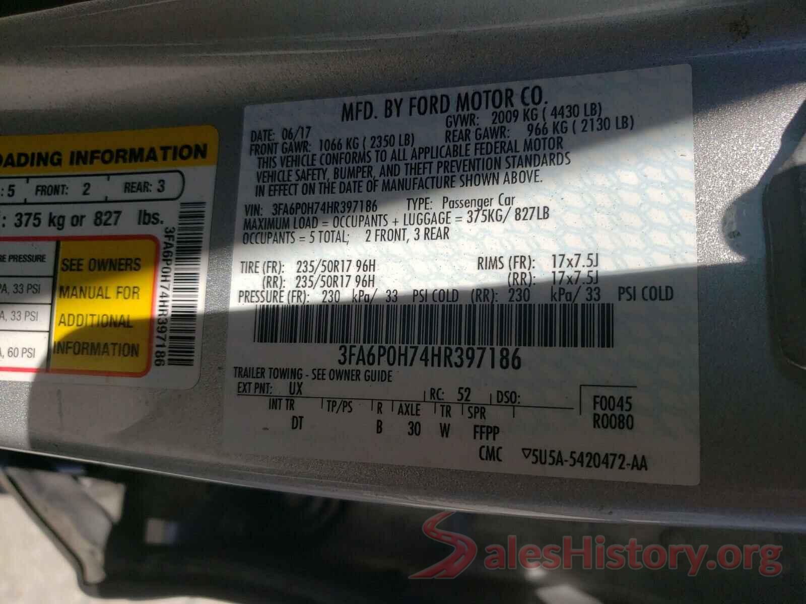 3FA6P0H74HR397186 2017 FORD FUSION