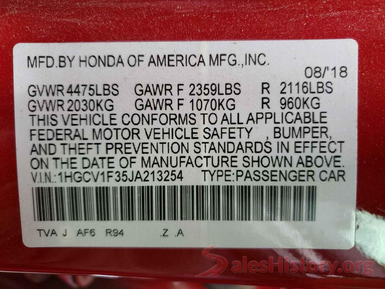 1HGCV1F35JA213254 2018 HONDA ACCORD