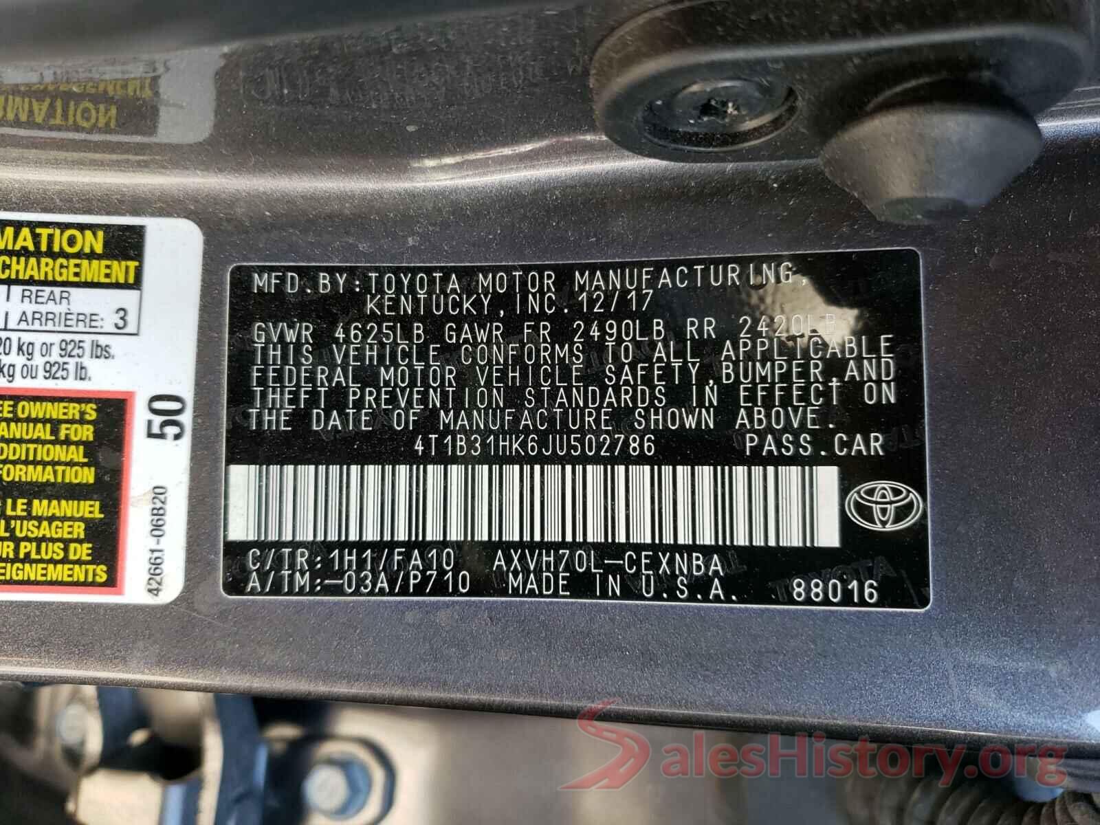 4T1B31HK6JU502786 2018 TOYOTA CAMRY