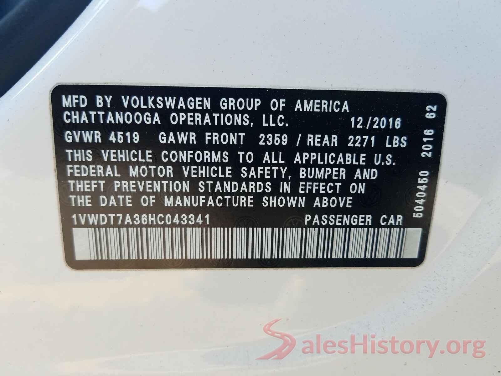 1VWDT7A36HC043341 2017 VOLKSWAGEN PASSAT