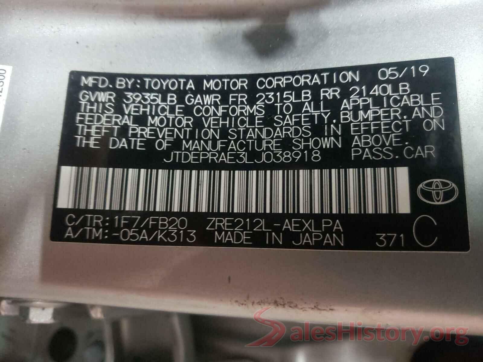 JTDEPRAE3LJ038918 2020 TOYOTA COROLLA