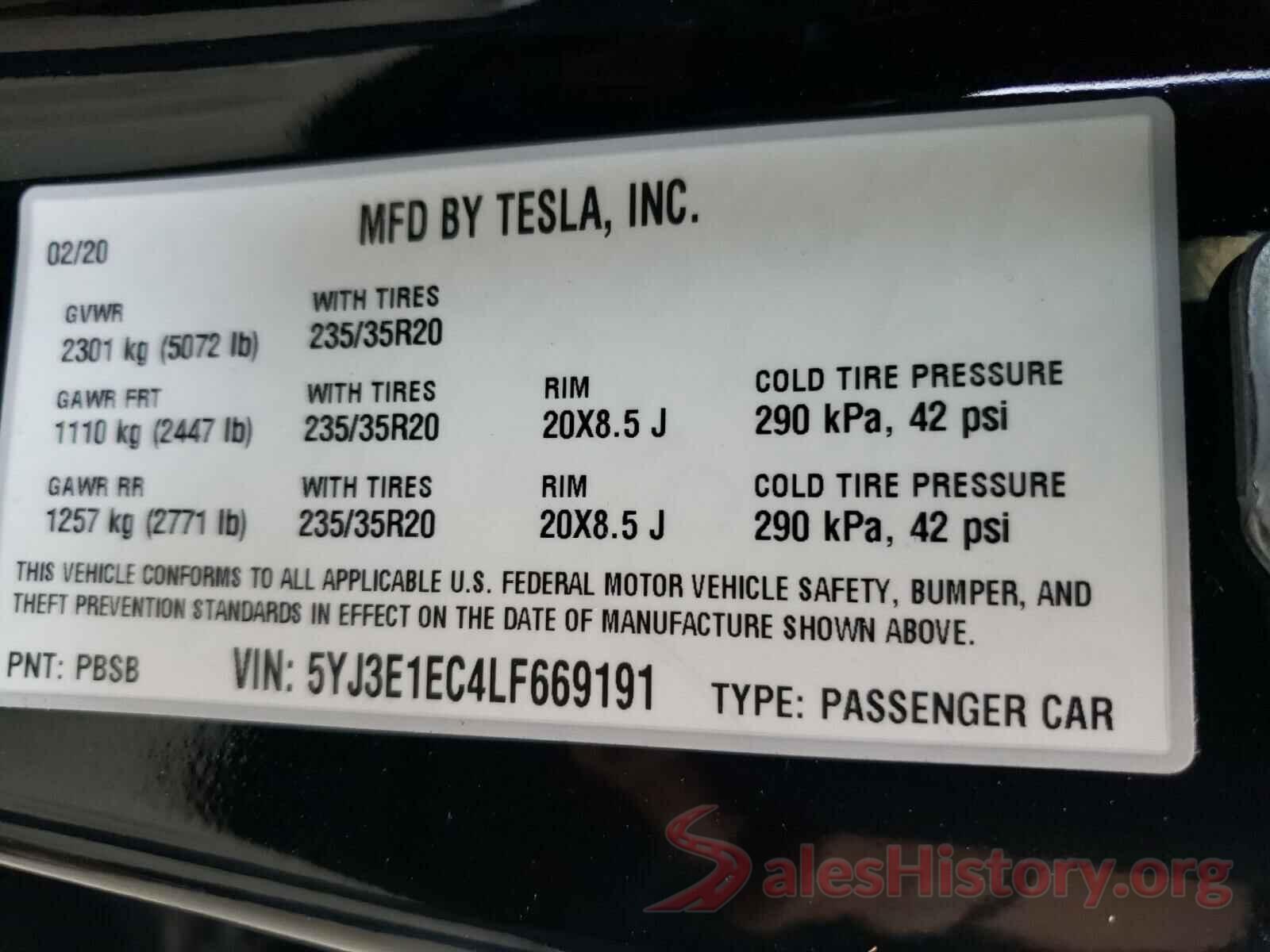 5YJ3E1EC4LF669191 2020 TESLA MODEL 3