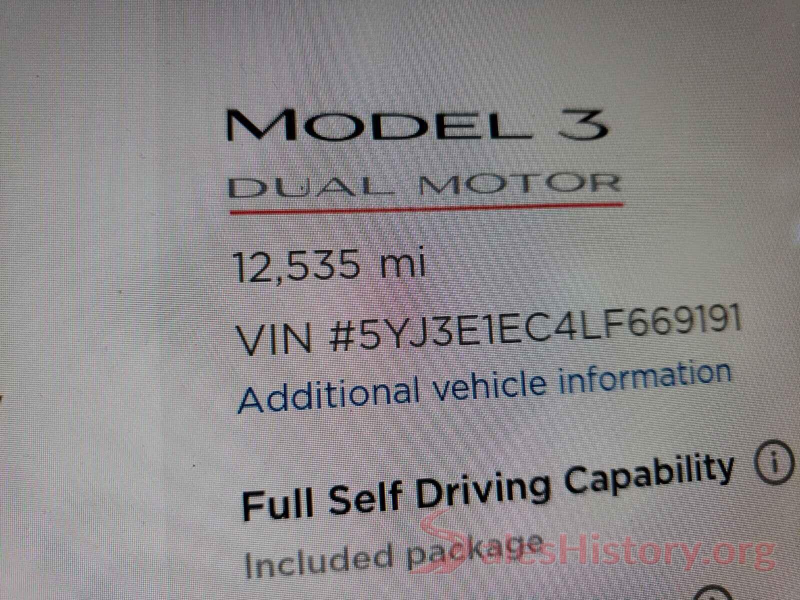 5YJ3E1EC4LF669191 2020 TESLA MODEL 3