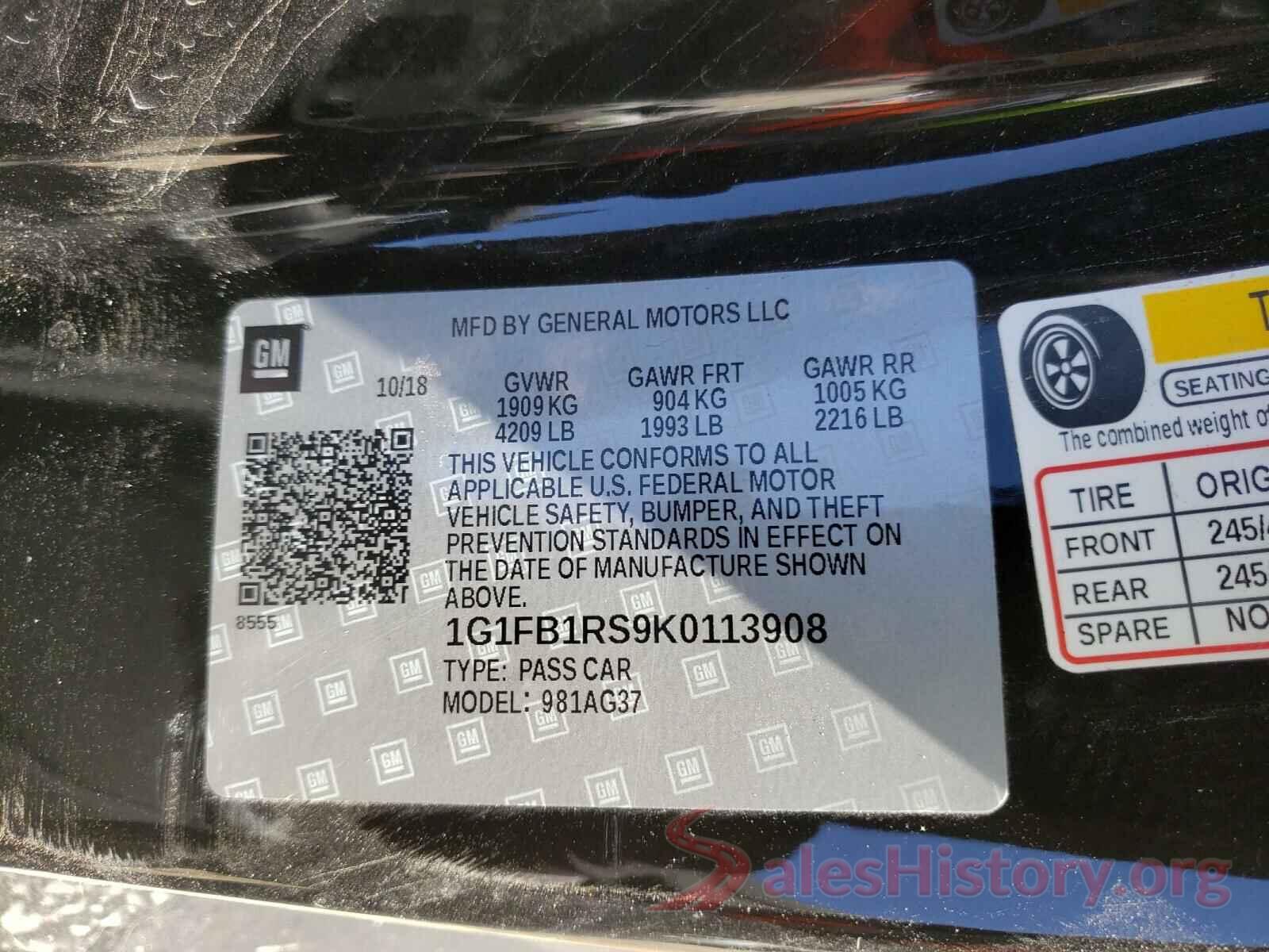 1G1FB1RS9K0113908 2019 CHEVROLET CAMARO