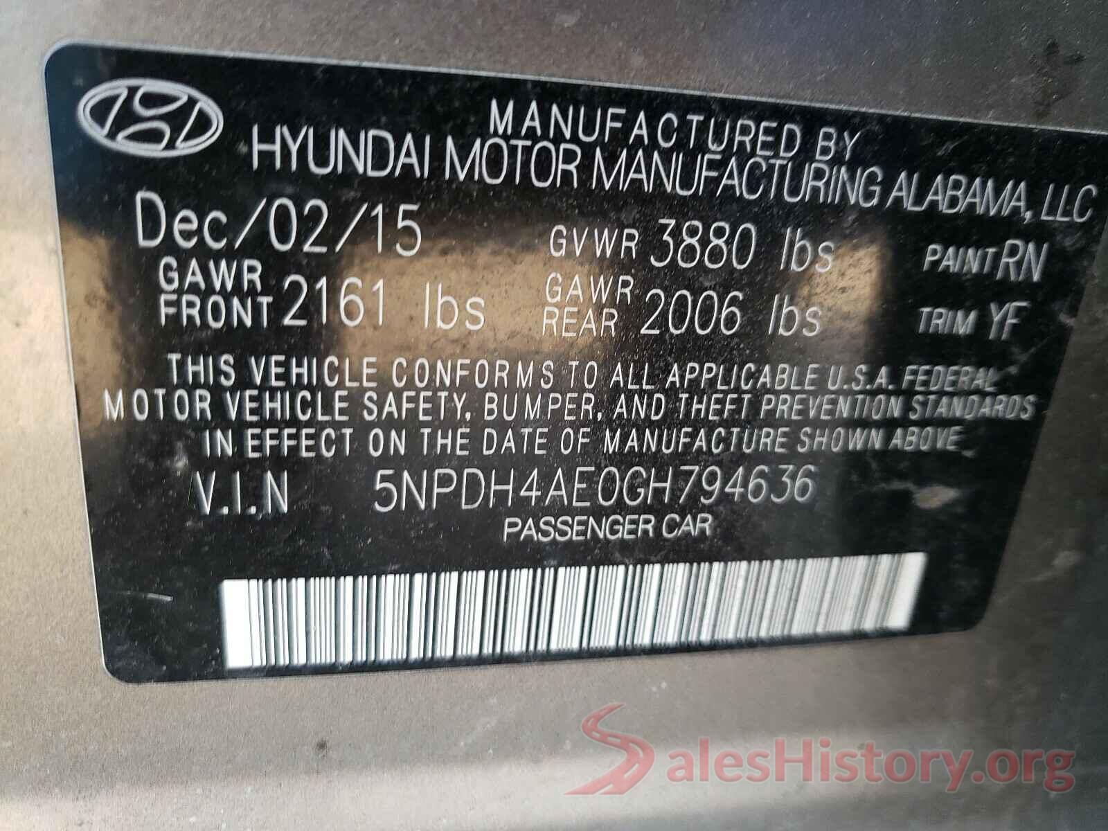 5NPDH4AE0GH794636 2016 HYUNDAI ELANTRA