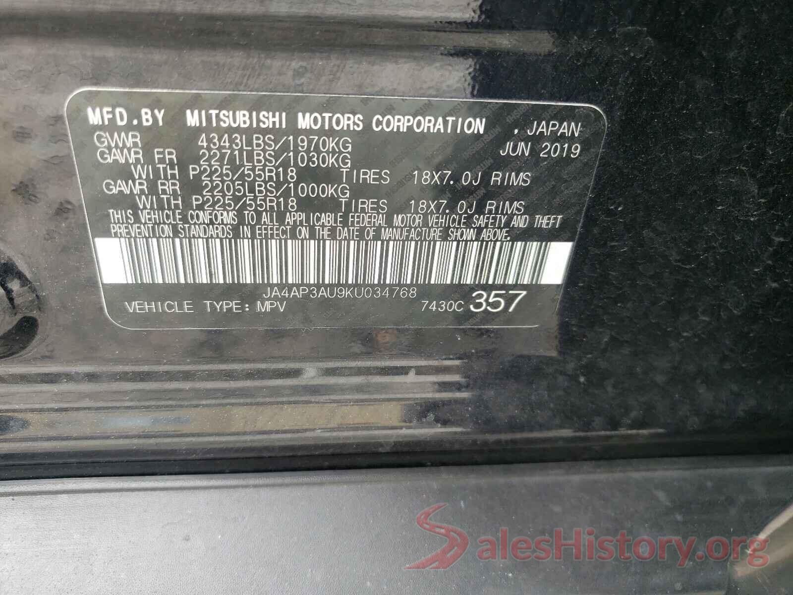 JA4AP3AU9KU034768 2019 MITSUBISHI OUTLANDER