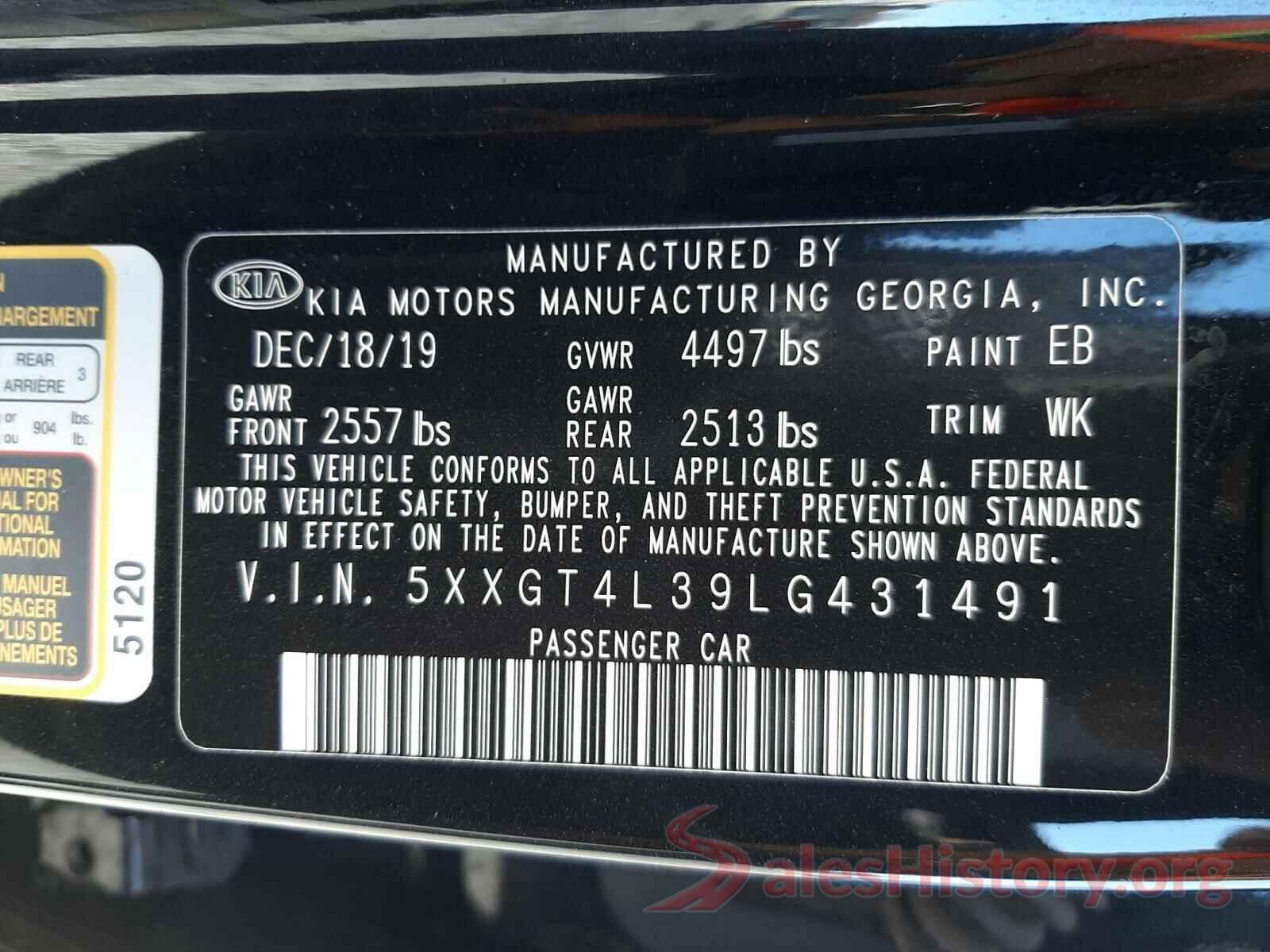 5XXGT4L39LG431491 2020 KIA OPTIMA