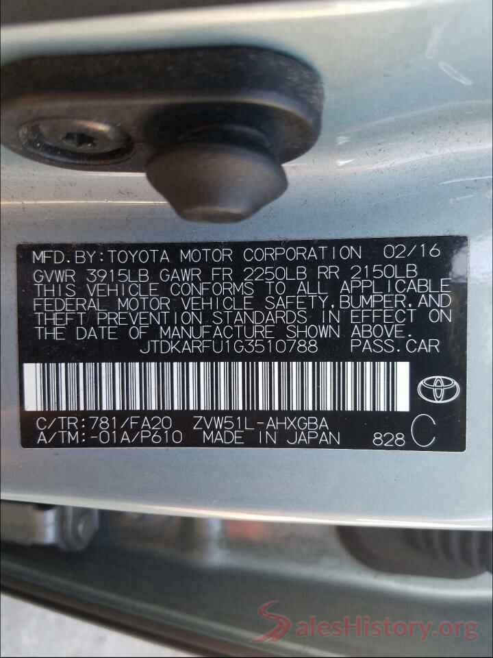 JTDKARFU1G3510788 2016 TOYOTA PRIUS