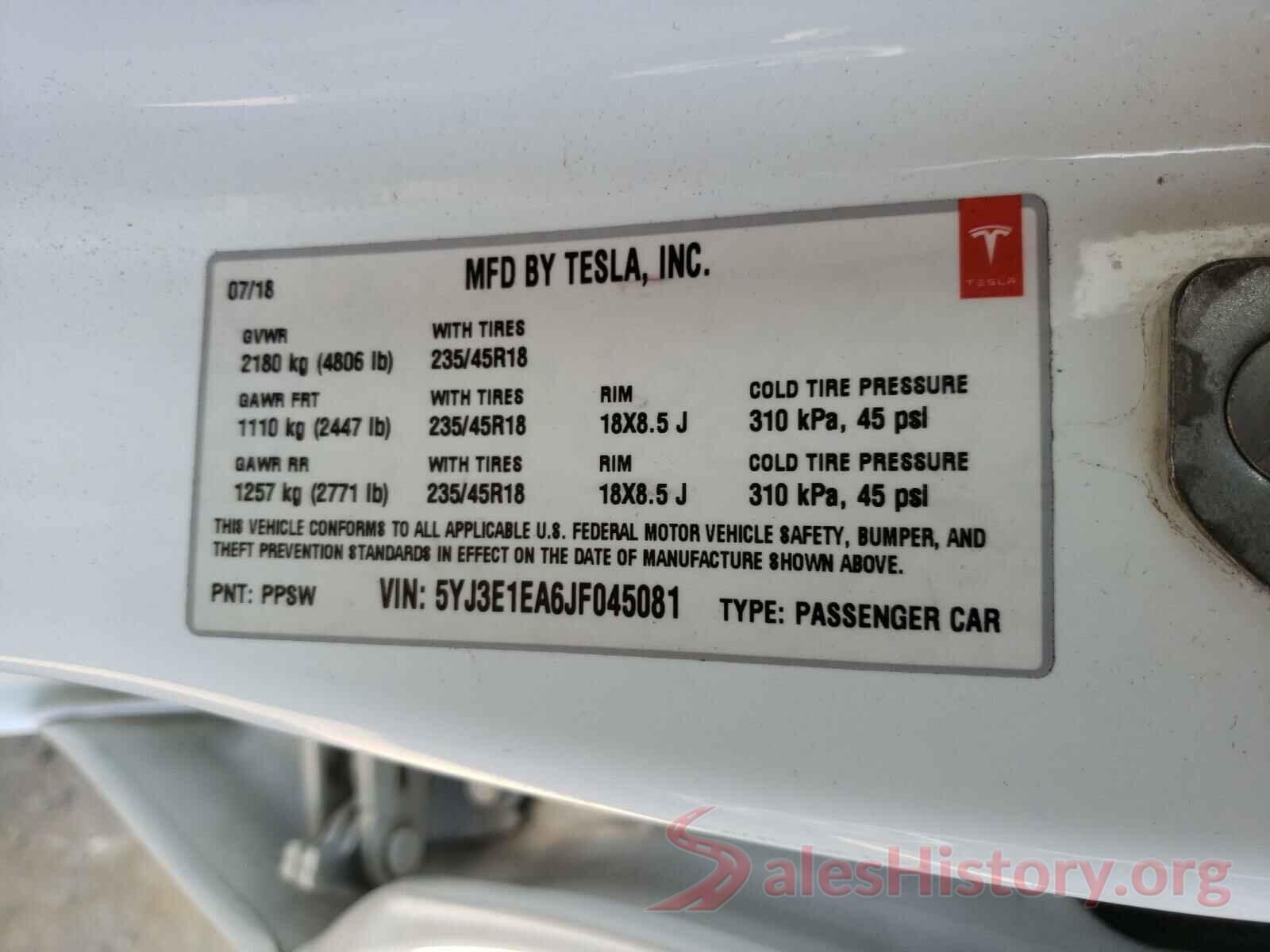 5YJ3E1EA6JF045081 2018 TESLA MODEL 3