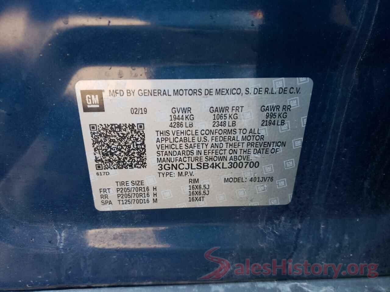 3GNCJLSB4KL300700 2019 CHEVROLET TRAX