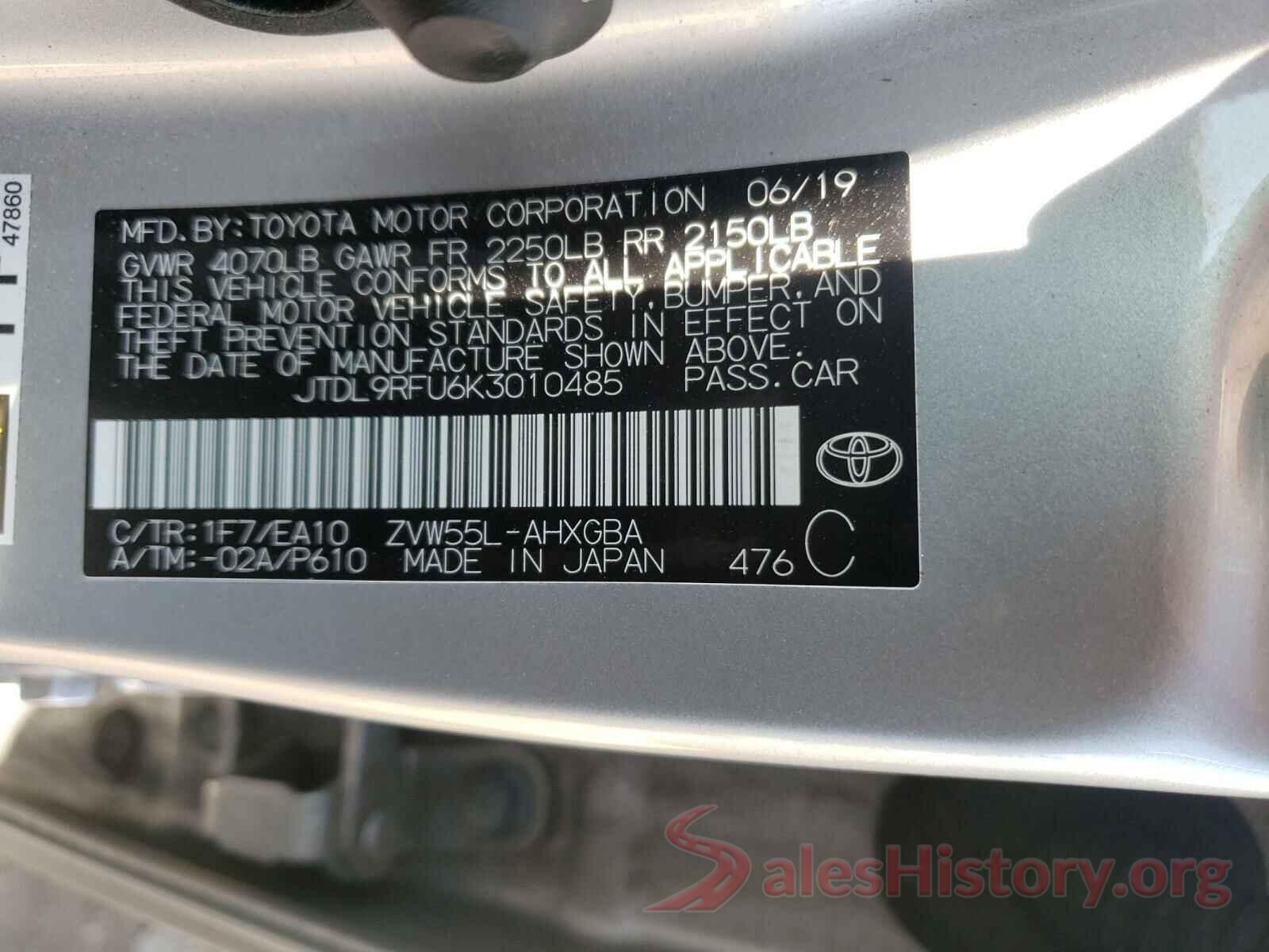 JTDL9RFU6K3010485 2019 TOYOTA PRIUS