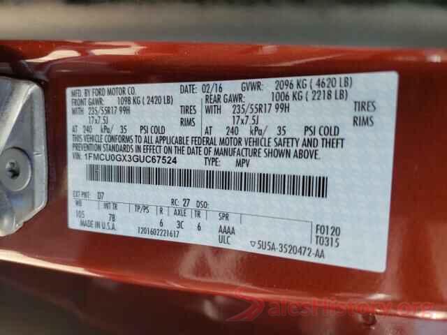 1FMCU0GX3GUC67524 2016 FORD ESCAPE