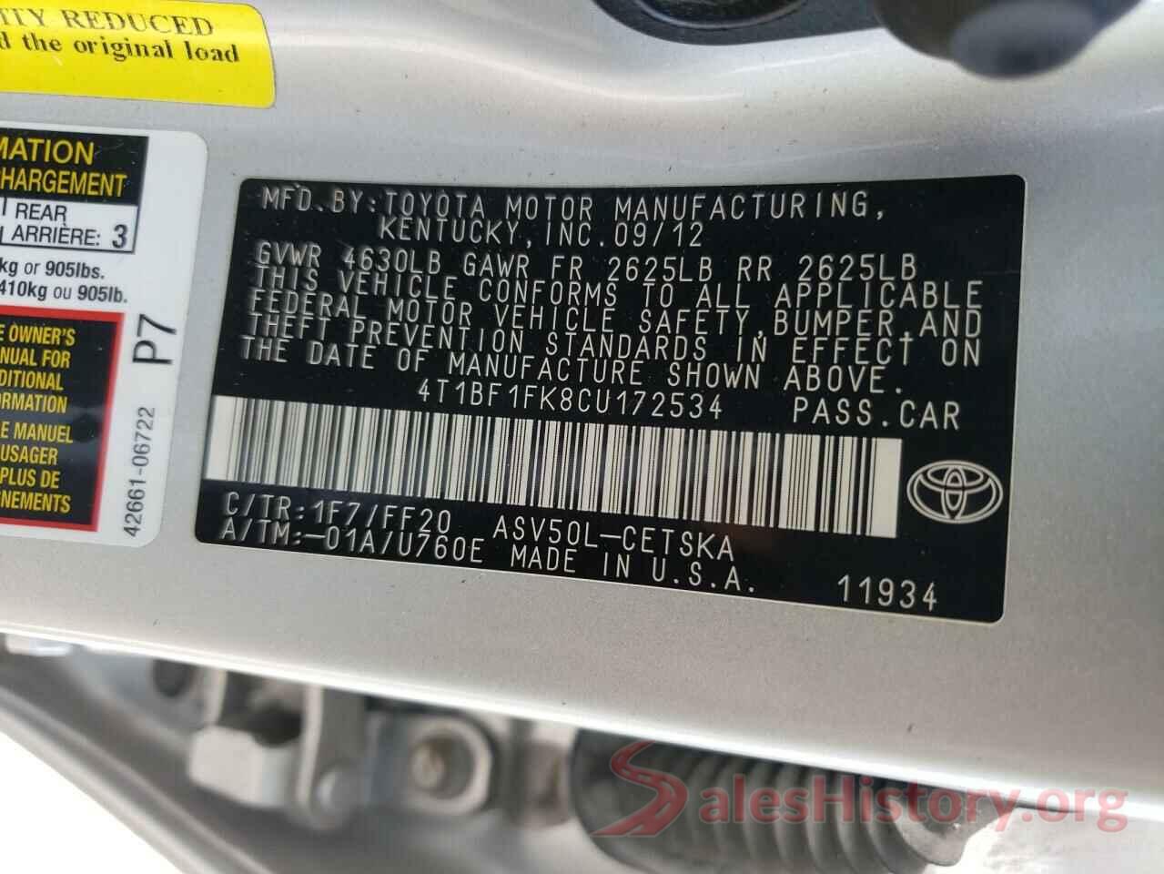 4T1BF1FK8CU172534 2012 TOYOTA CAMRY