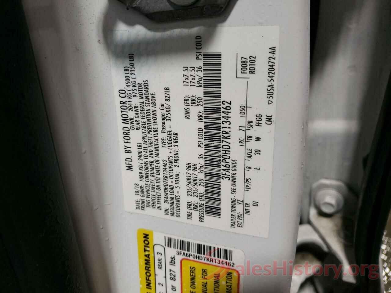 3FA6P0HD7KR134462 2019 FORD FUSION