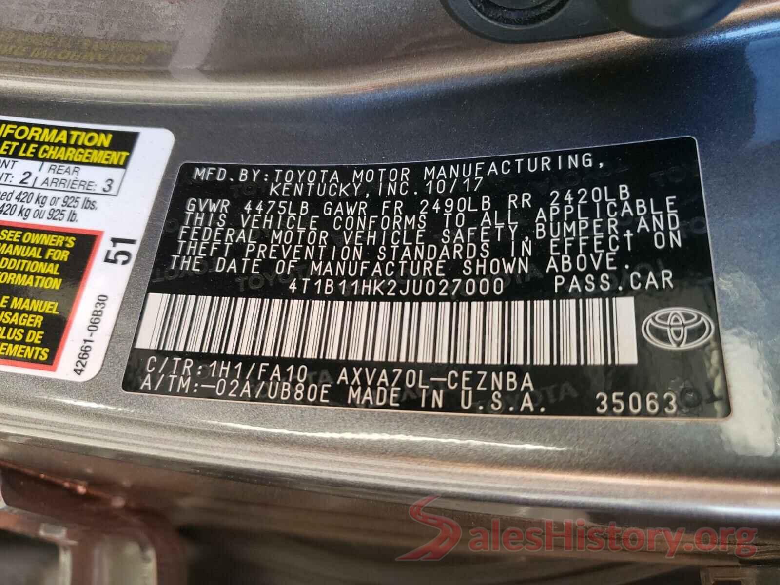 4T1B11HK2JU027000 2018 TOYOTA CAMRY